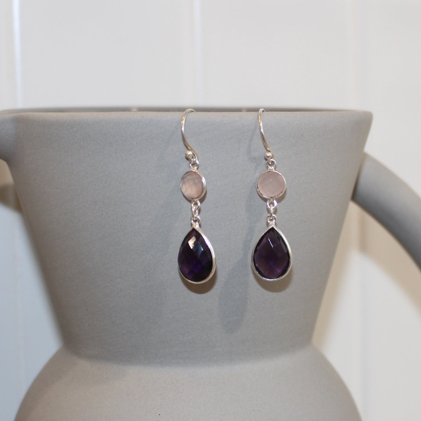 Amethyst and Rose Quartz drop earrings