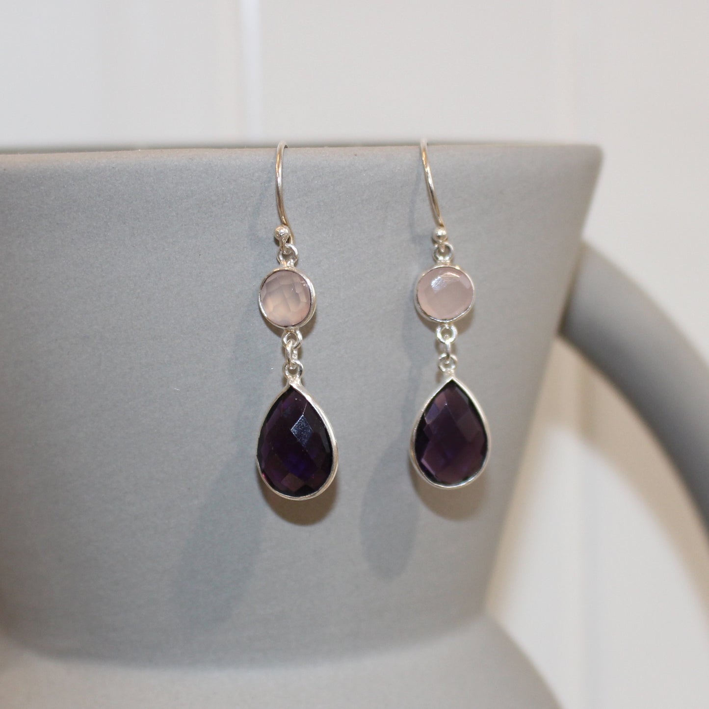 Amethyst and Rose Quartz drop earrings