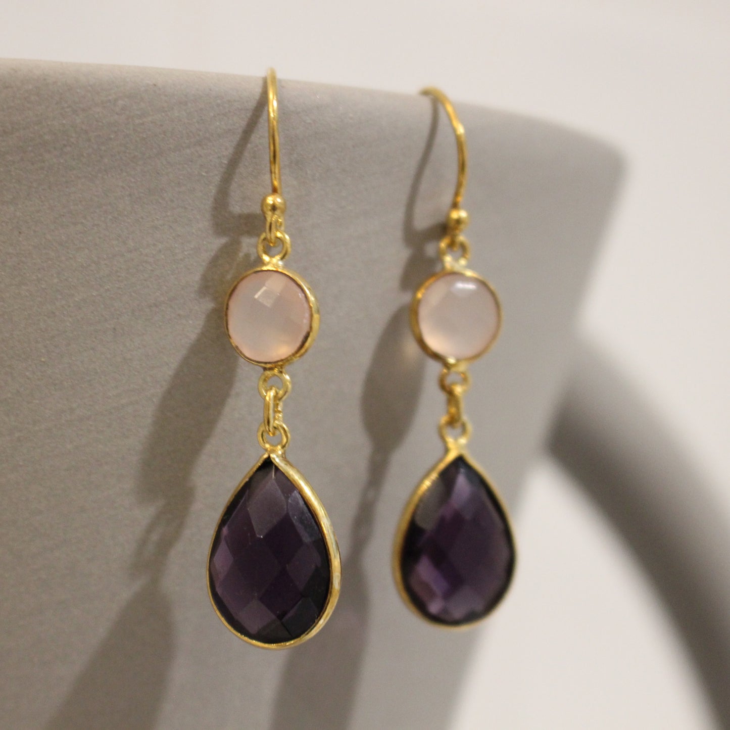 Gold filled amethyst and rose quartz drop earrings