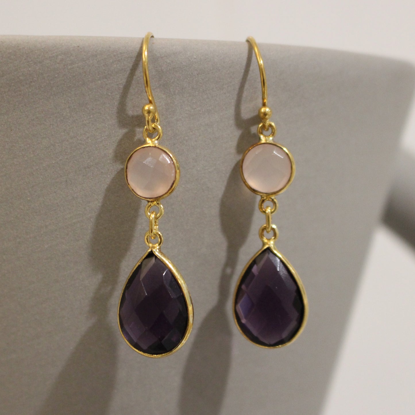 Gold filled amethyst and rose quartz drop earrings