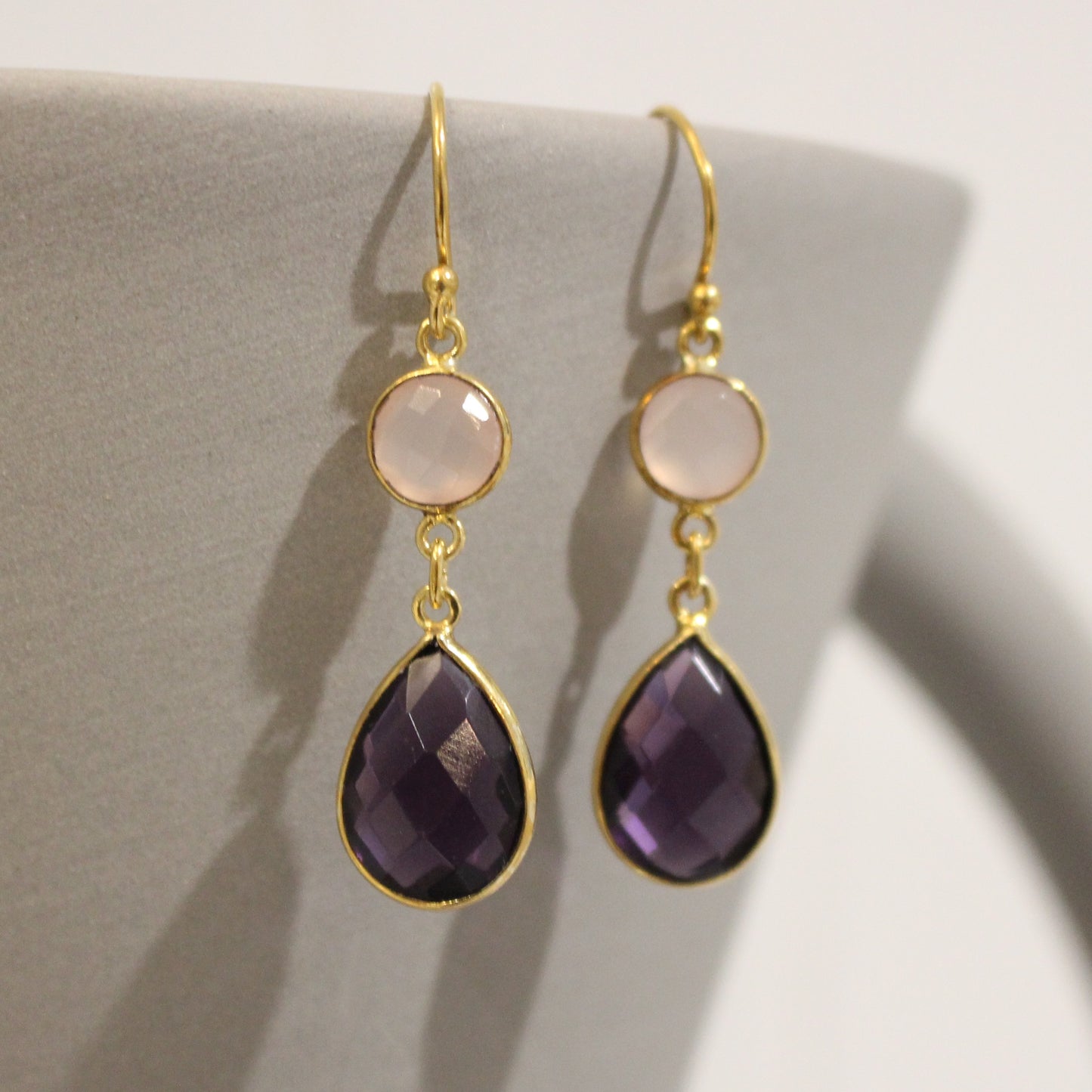 Gold filled amethyst and rose quartz drop earrings