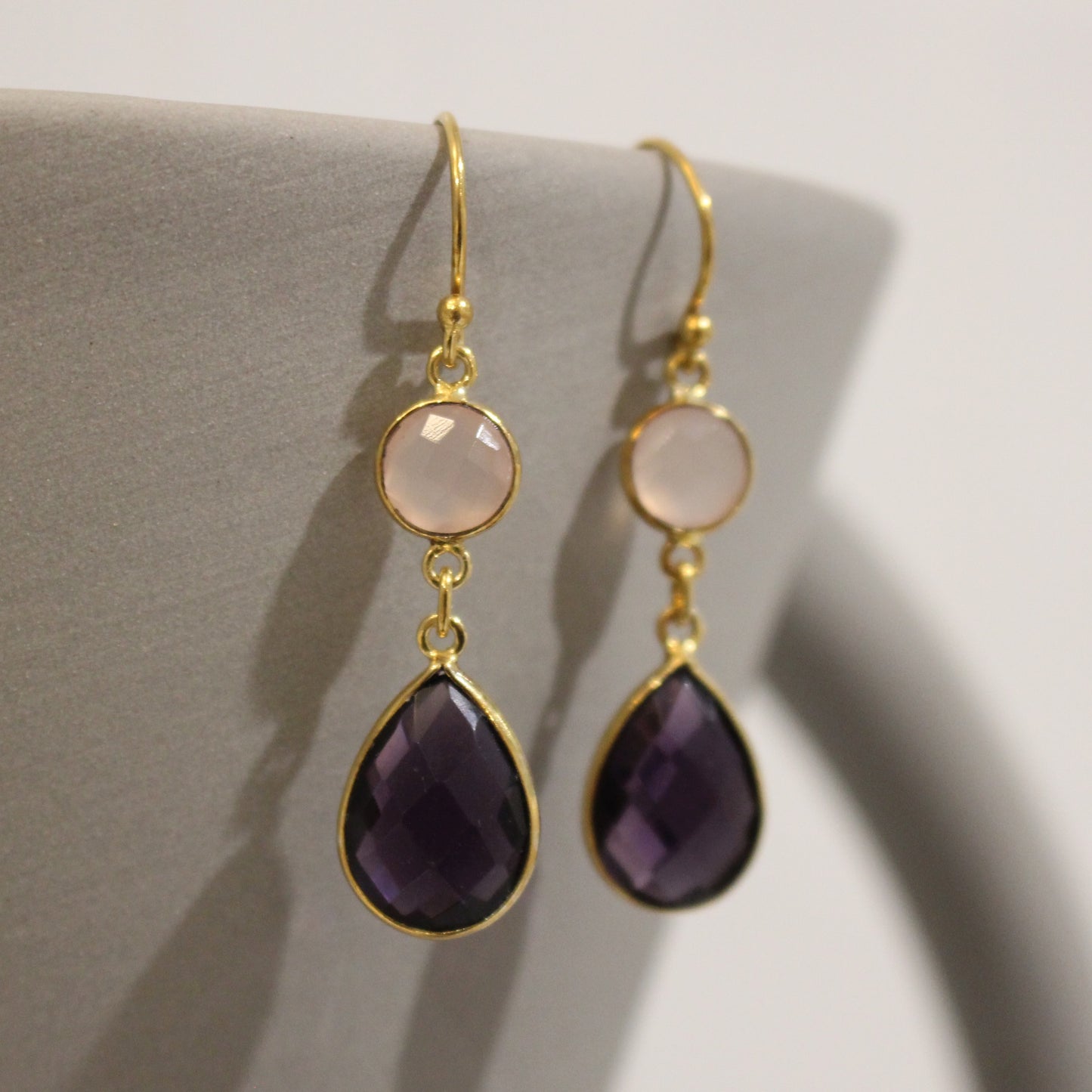 Gold filled amethyst and rose quartz drop earrings
