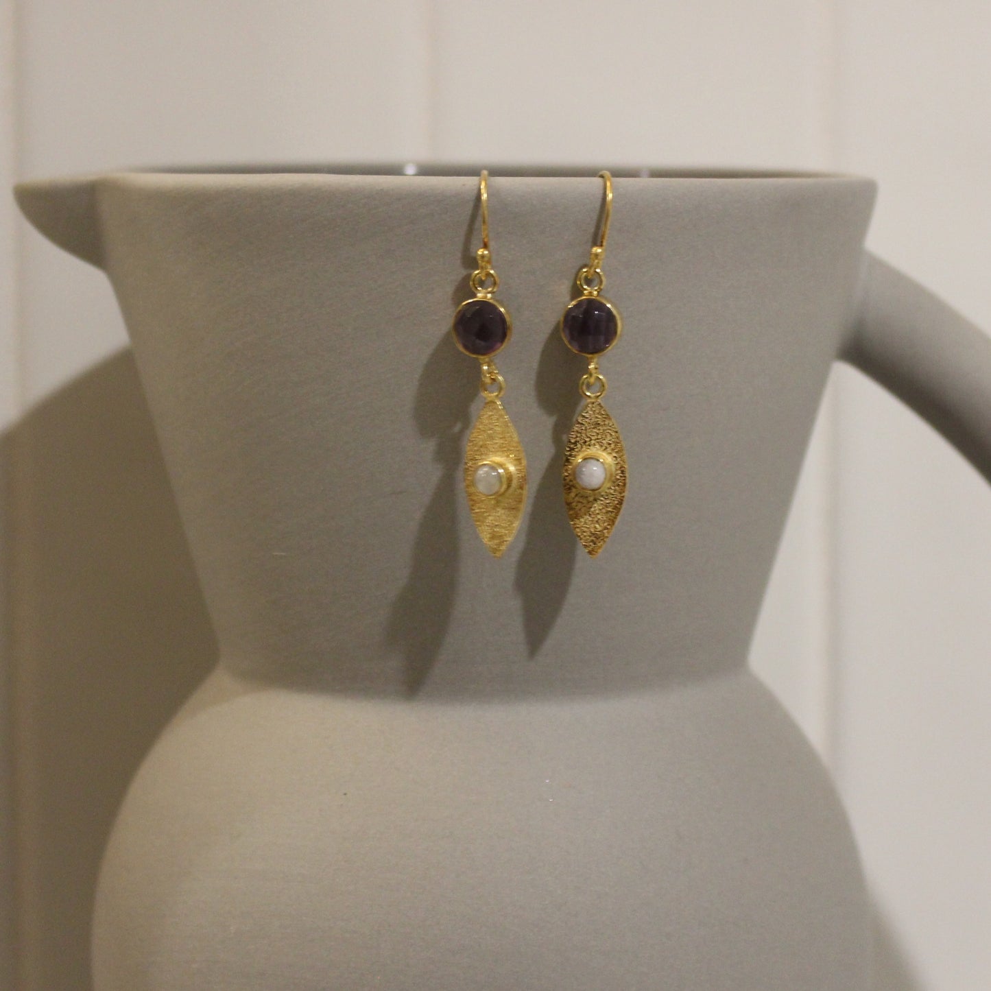 Gold filled amethyst and moonstone drop earrings