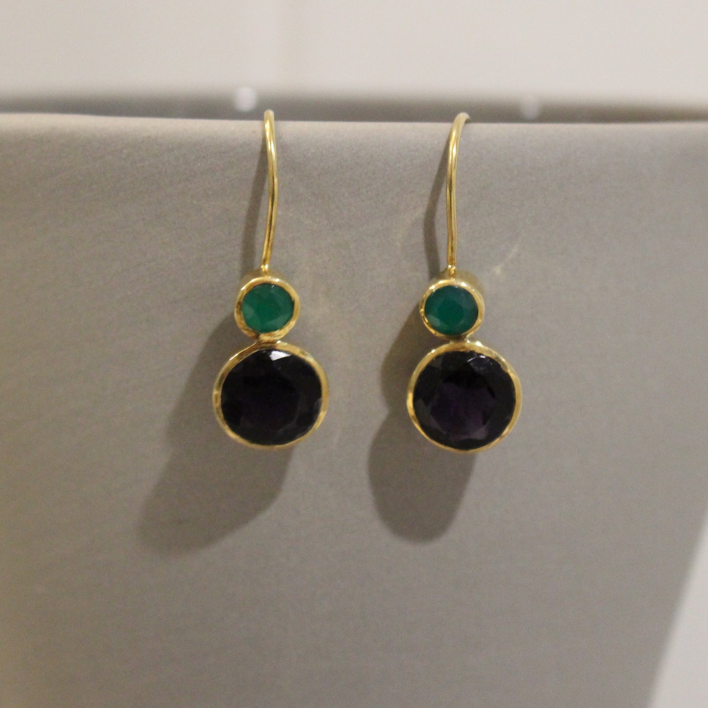 Gold filled amethyst and green onyx drop earring