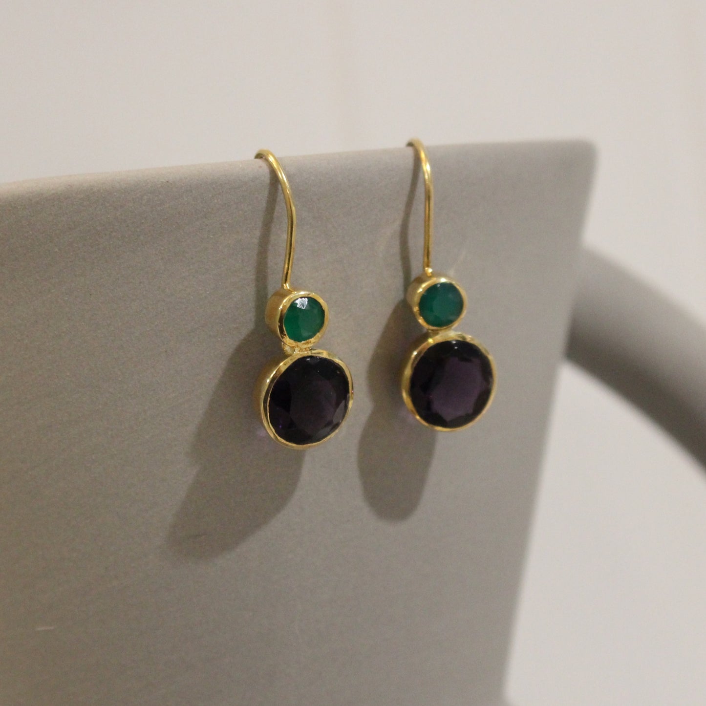 Gold filled amethyst and green onyx drop earring