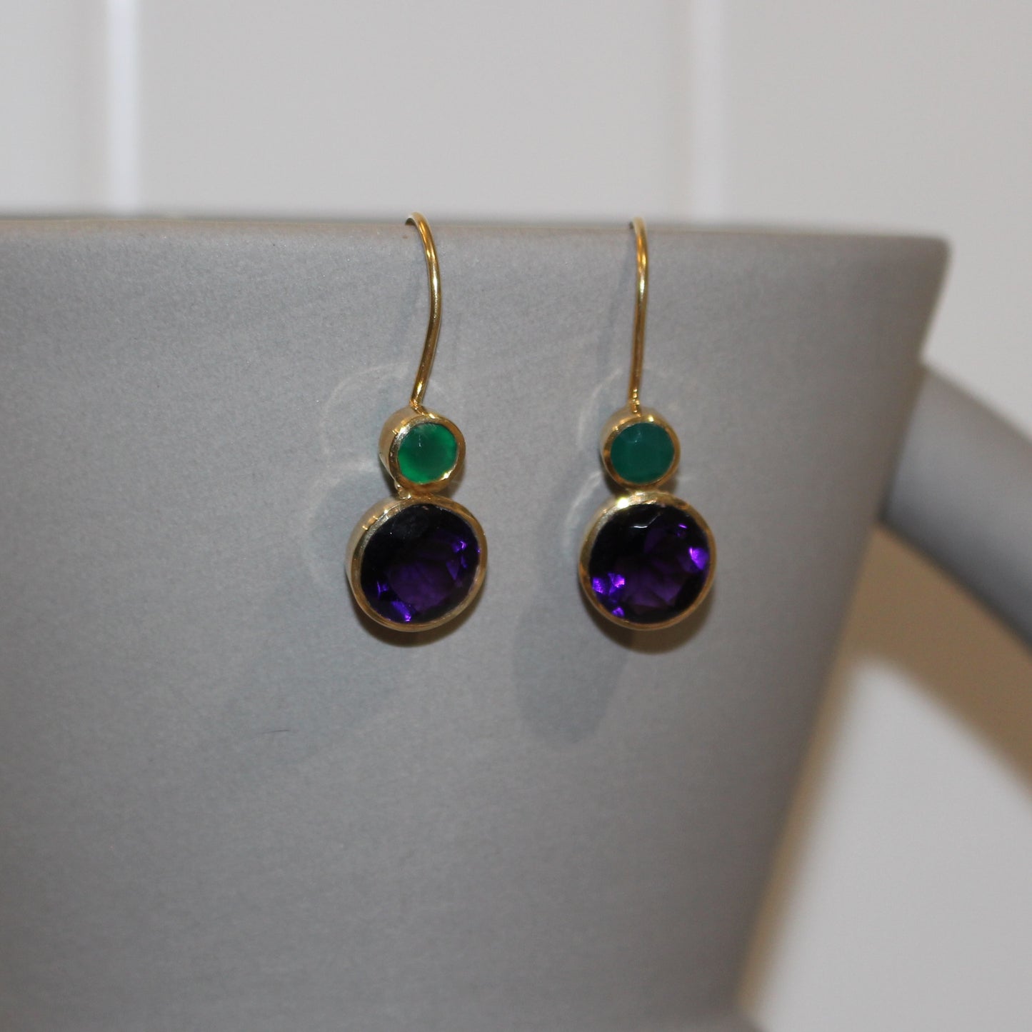 Gold filled amethyst and green onyx drop earring