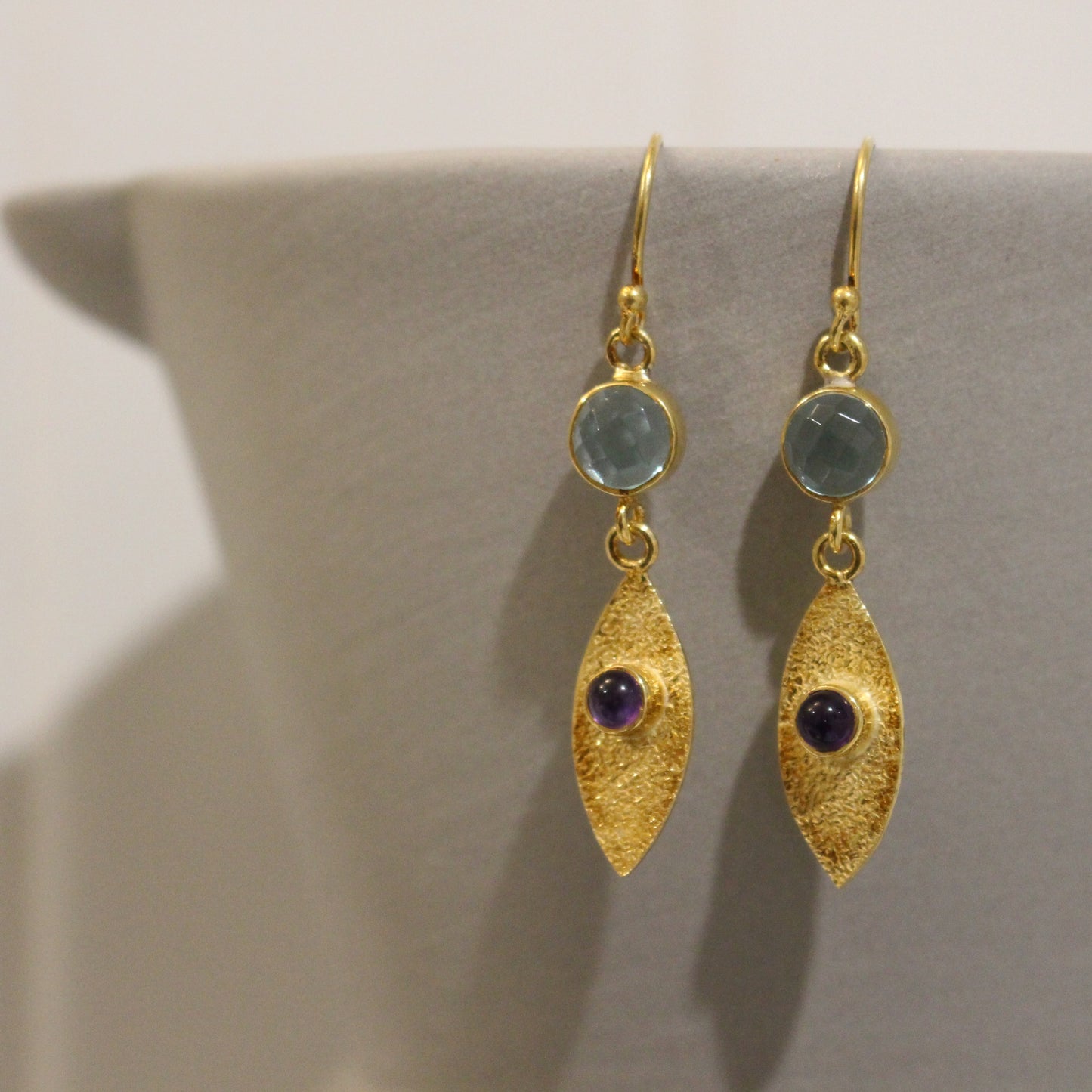 Gold filled blue toapz and amethyst drop earrings