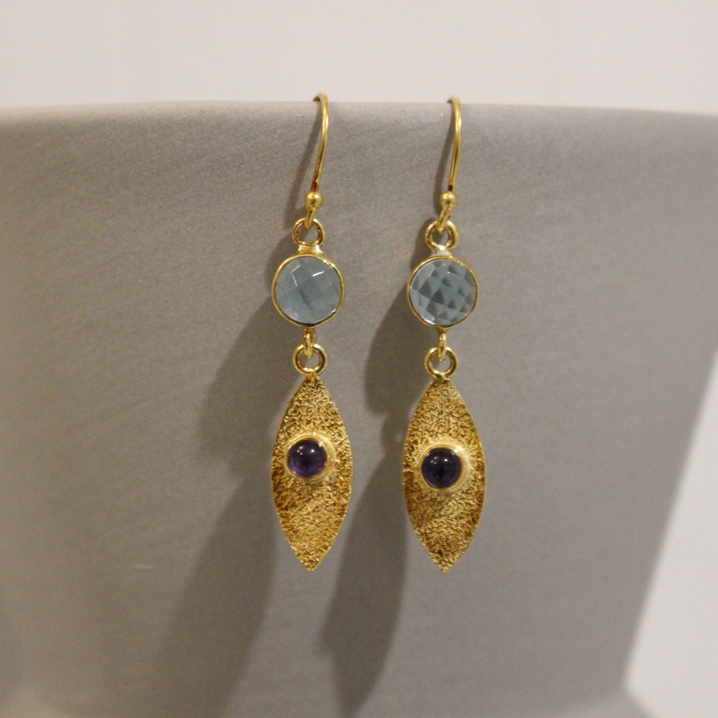 Gold filled blue toapz and amethyst drop earrings