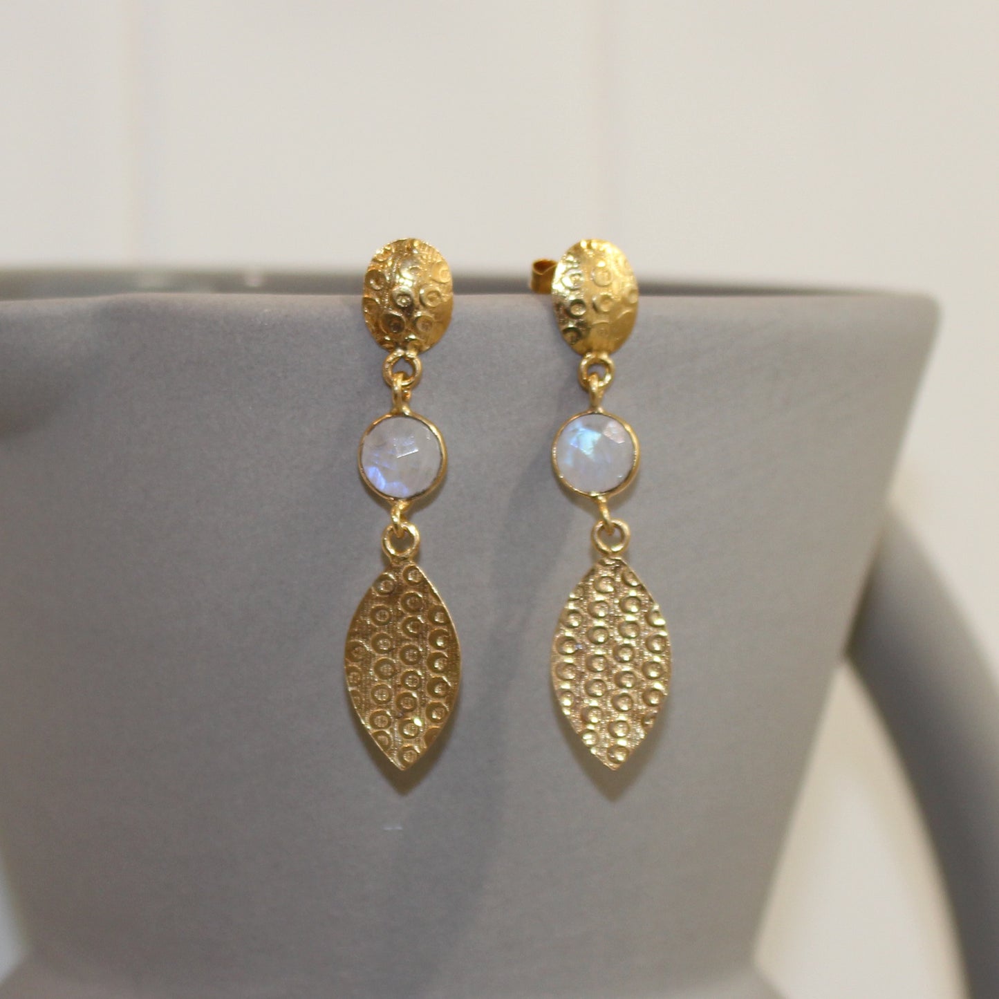Gold filled moonstone faceted stud drop earrings