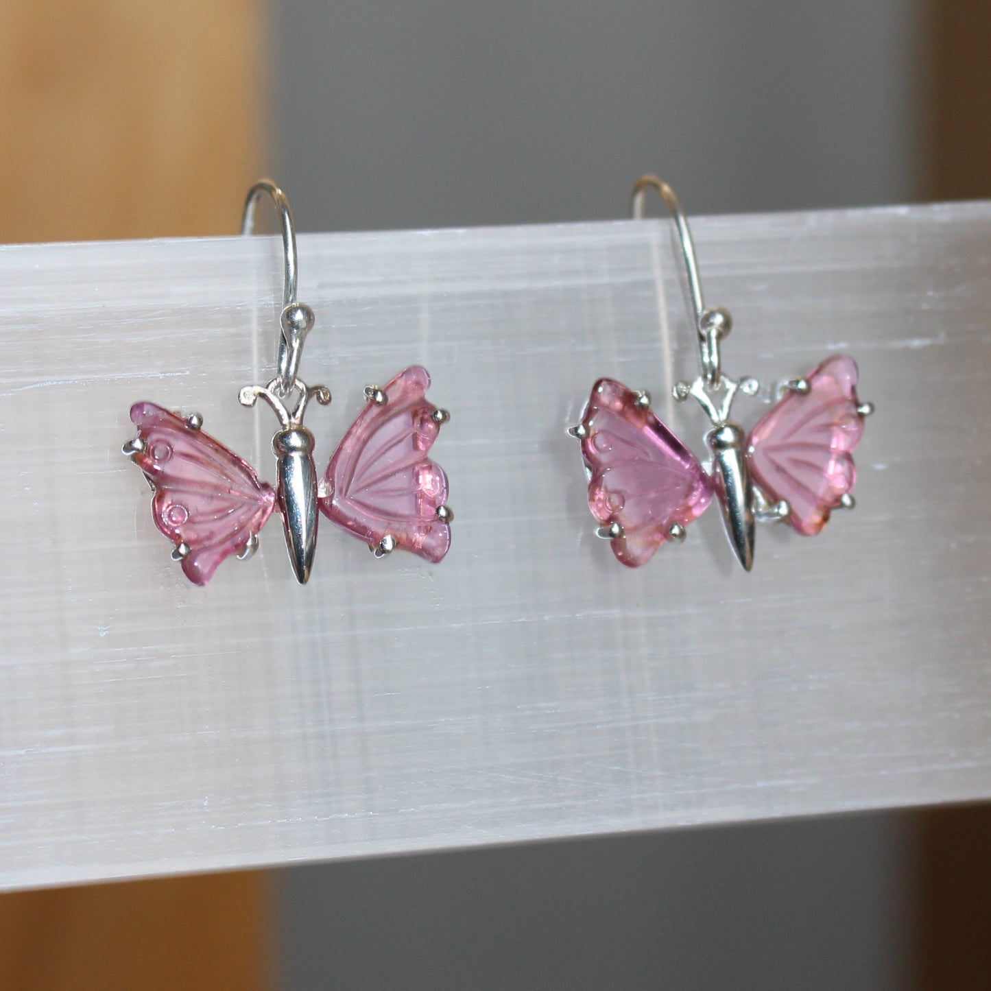 Pink Tourmaline sterling silver butterfly earrings