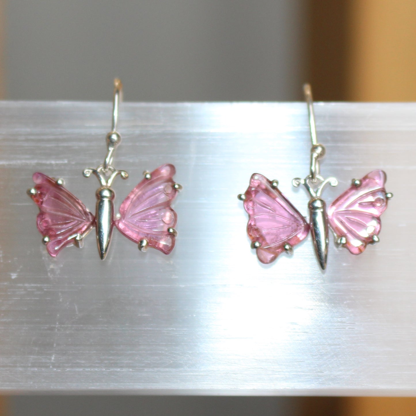 Pink Tourmaline sterling silver butterfly earrings