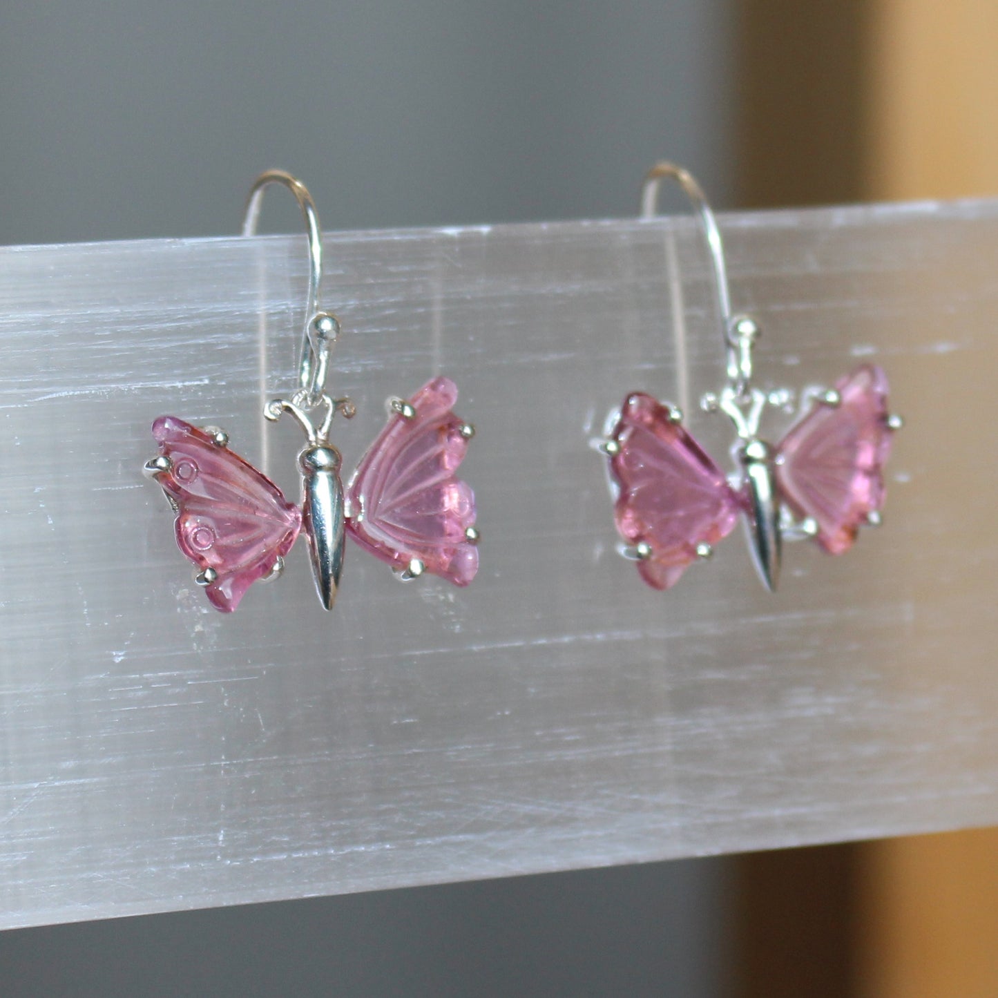 Pink Tourmaline sterling silver butterfly earrings