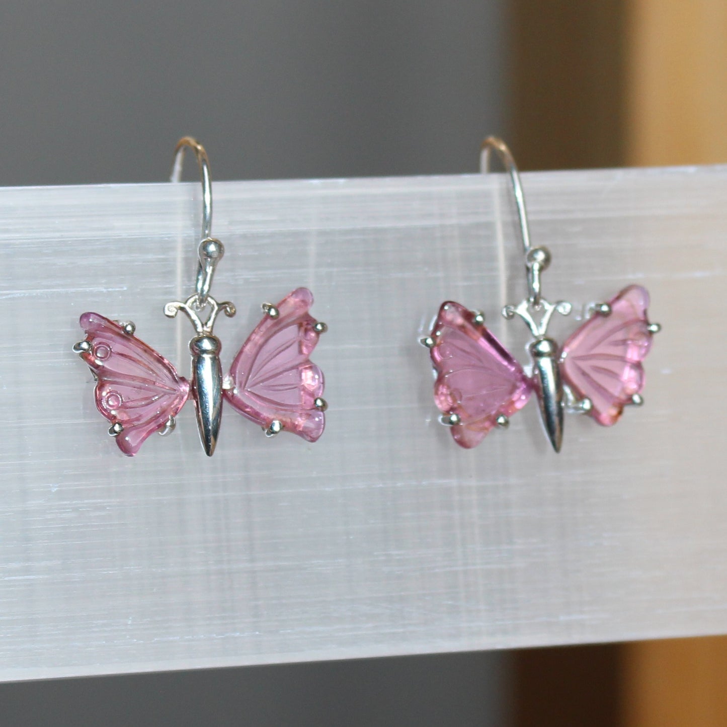 Pink Tourmaline sterling silver butterfly earrings