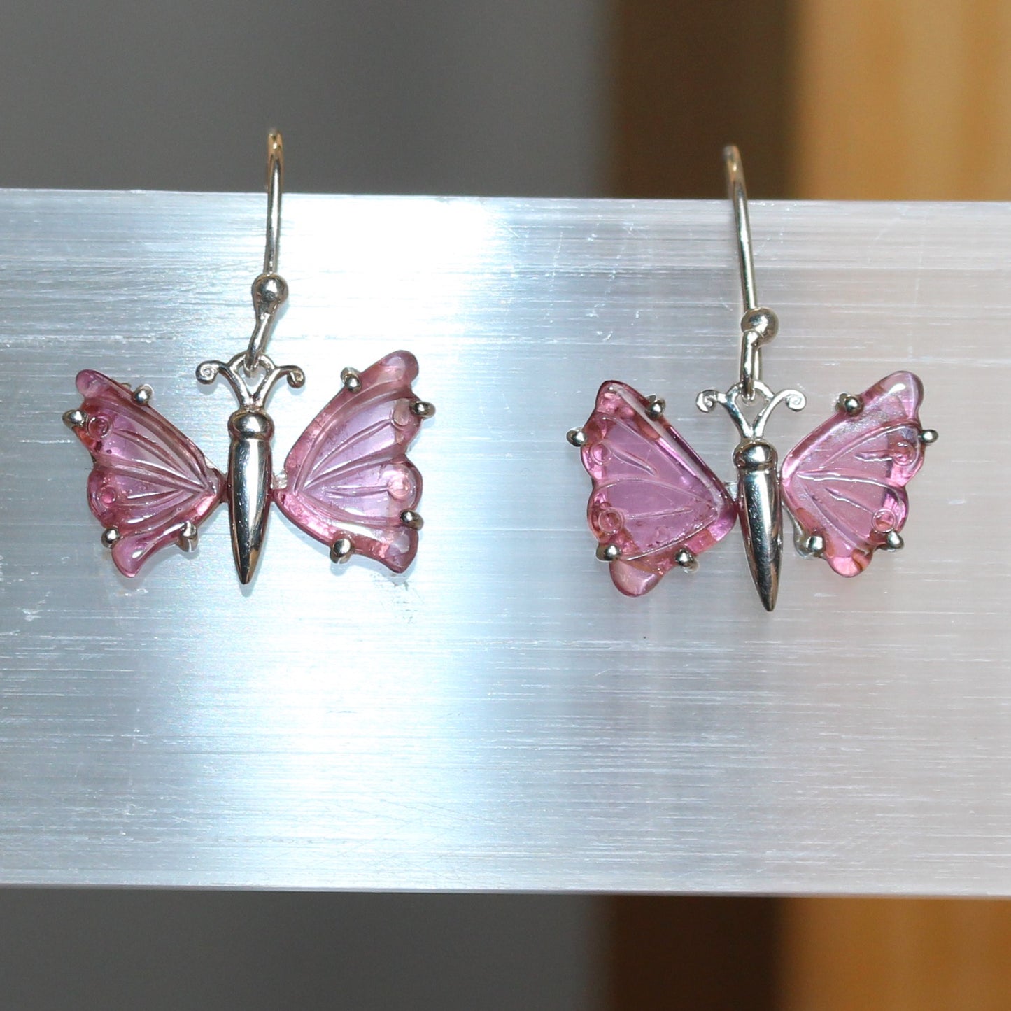 Pink Tourmaline sterling silver butterfly earrings