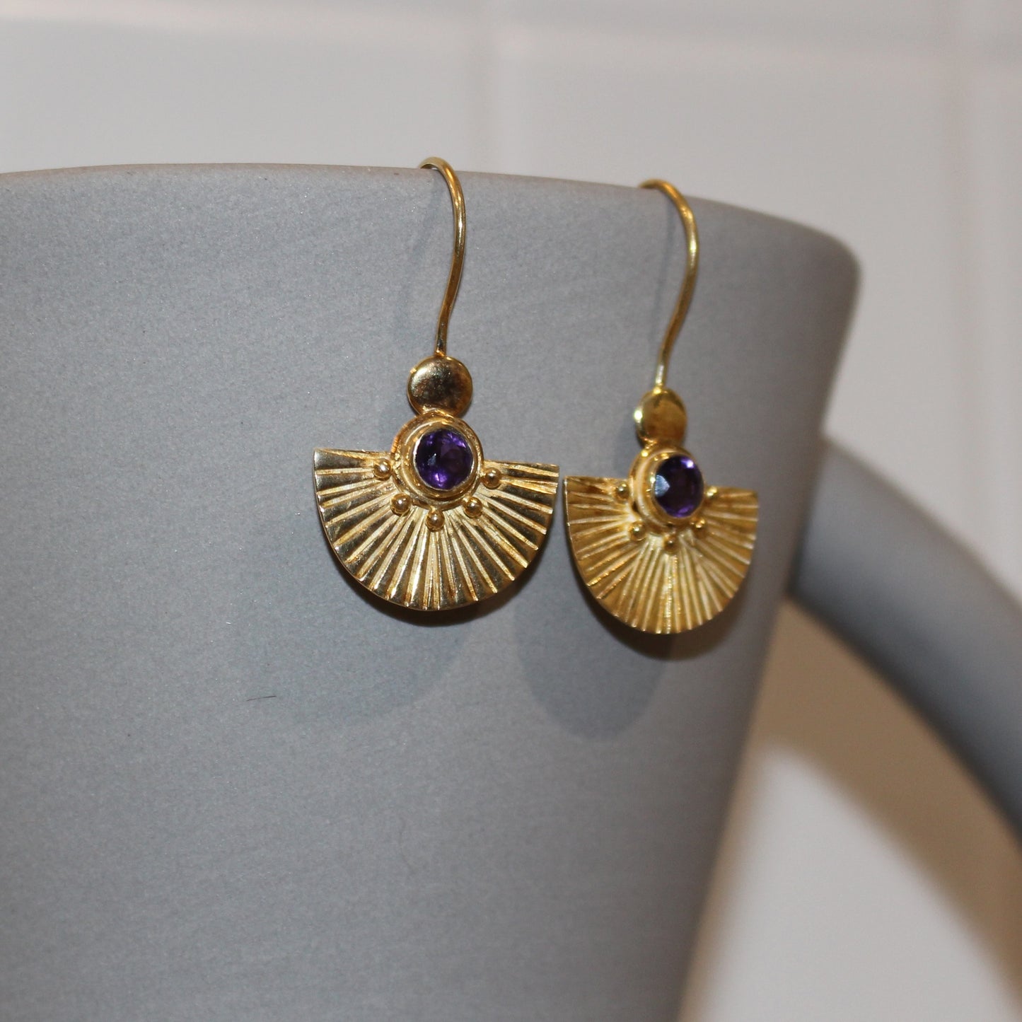 Gold amethyst fan earrings