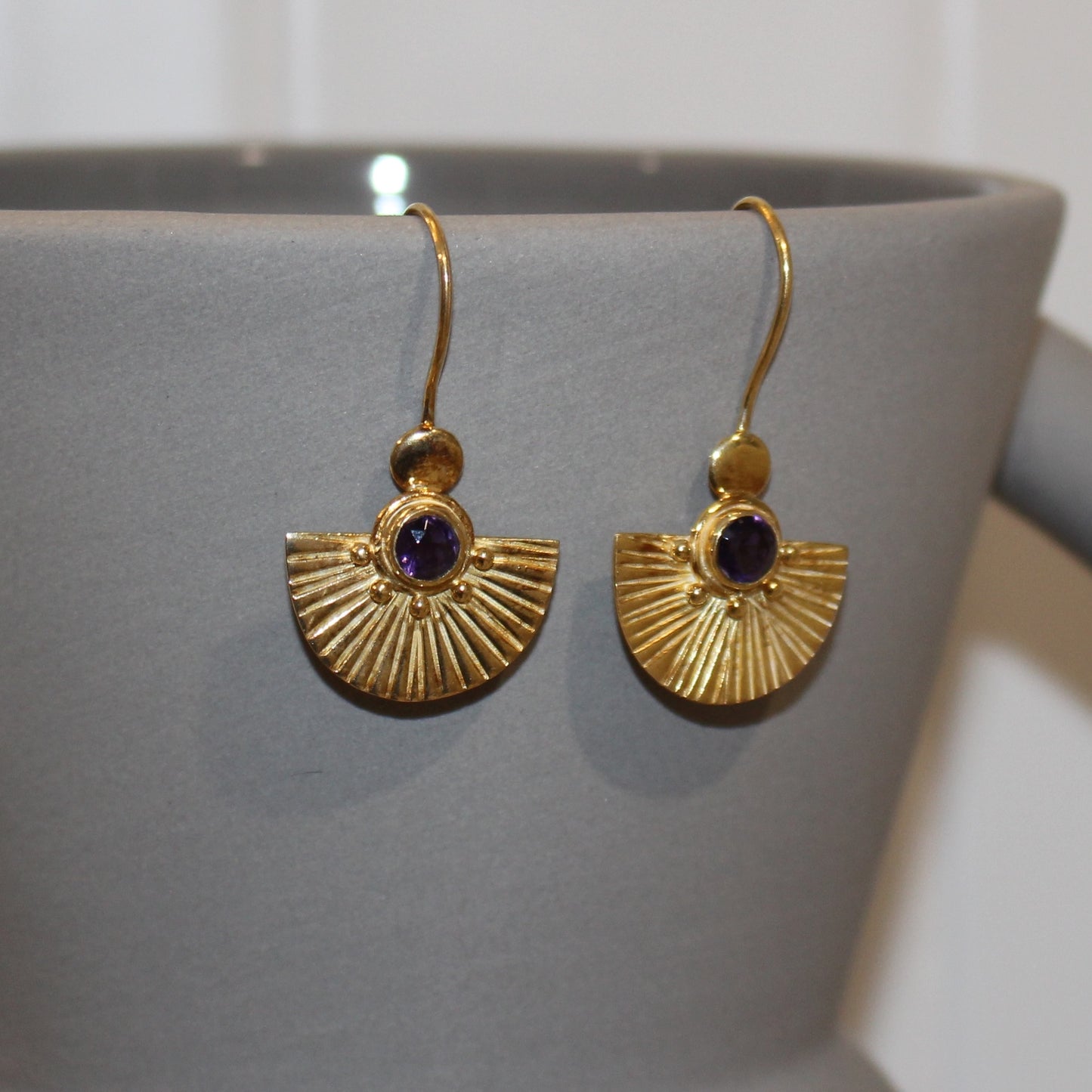 Gold amethyst fan earrings