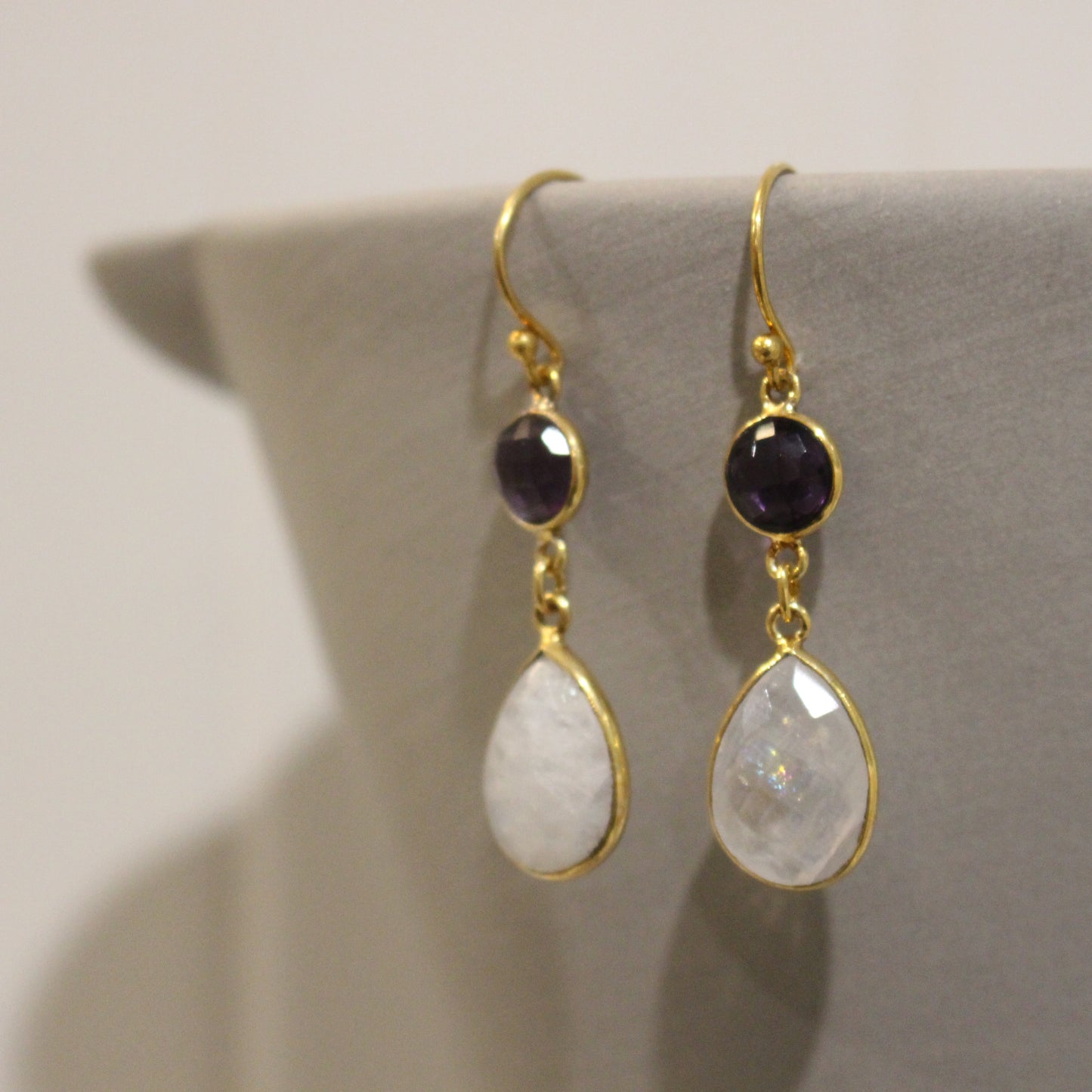 Gold filled amethyst and moonstone drop earrings