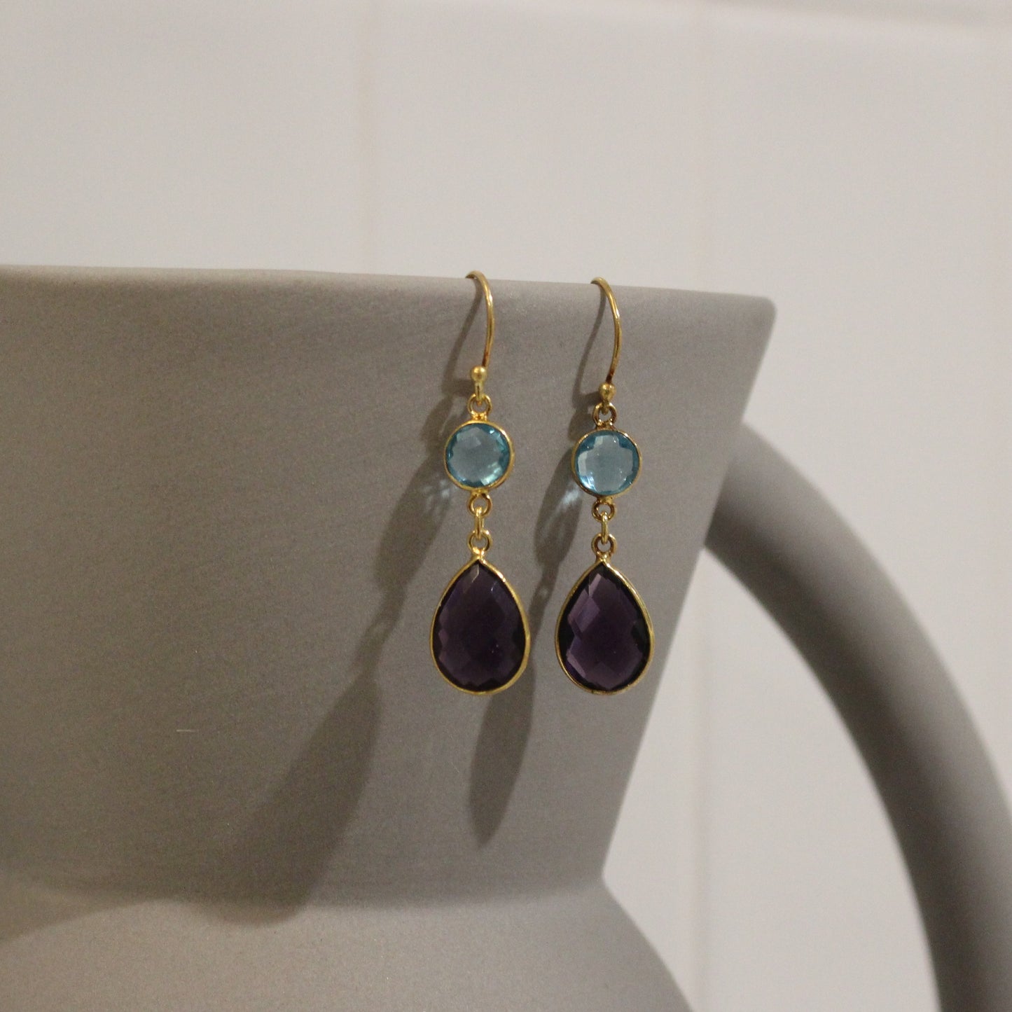 Gold filled amethyst and blue topaz drop earrings
