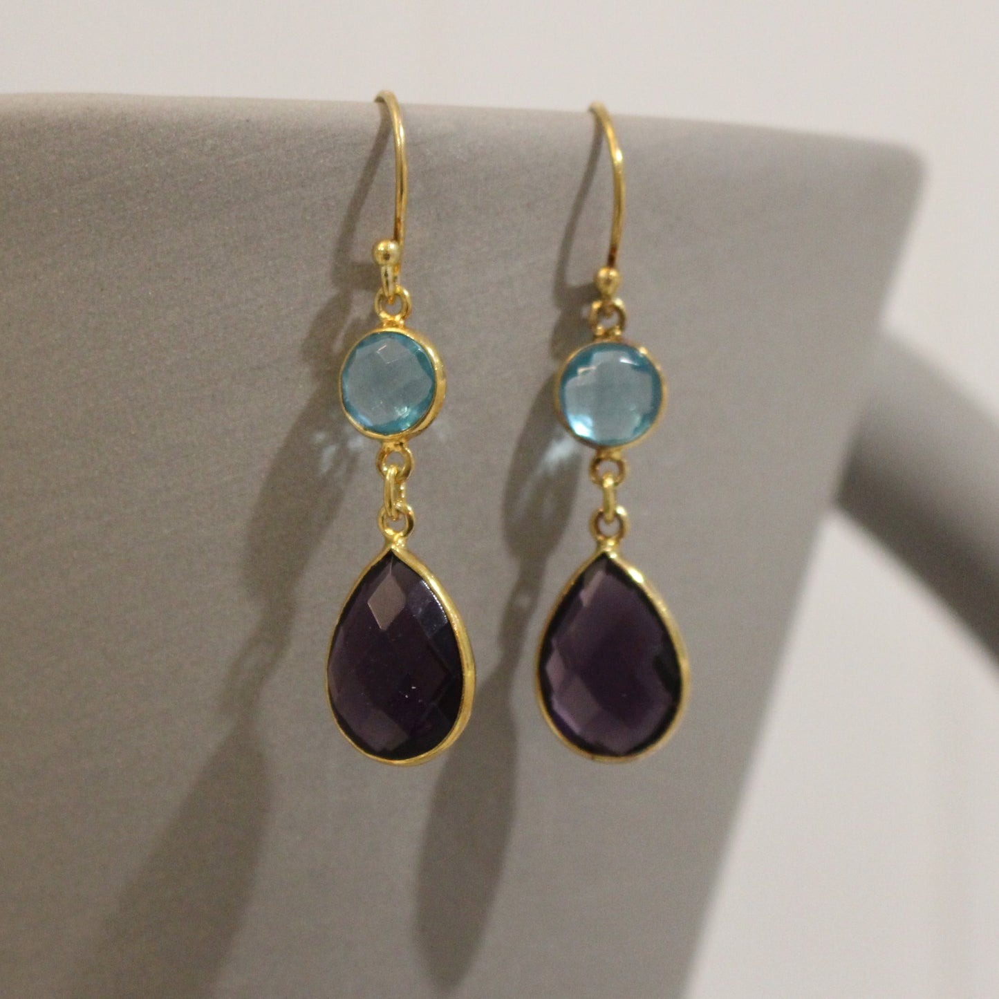 Gold filled amethyst and blue topaz drop earrings