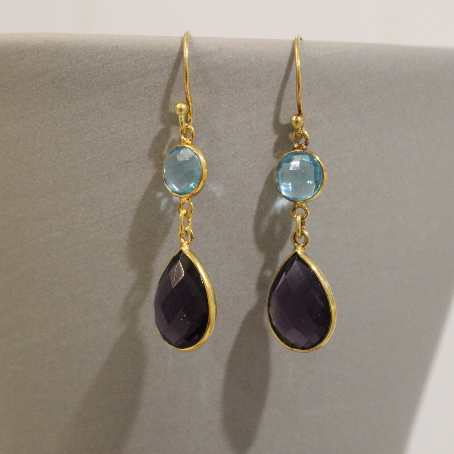 Gold filled amethyst and blue topaz drop earrings