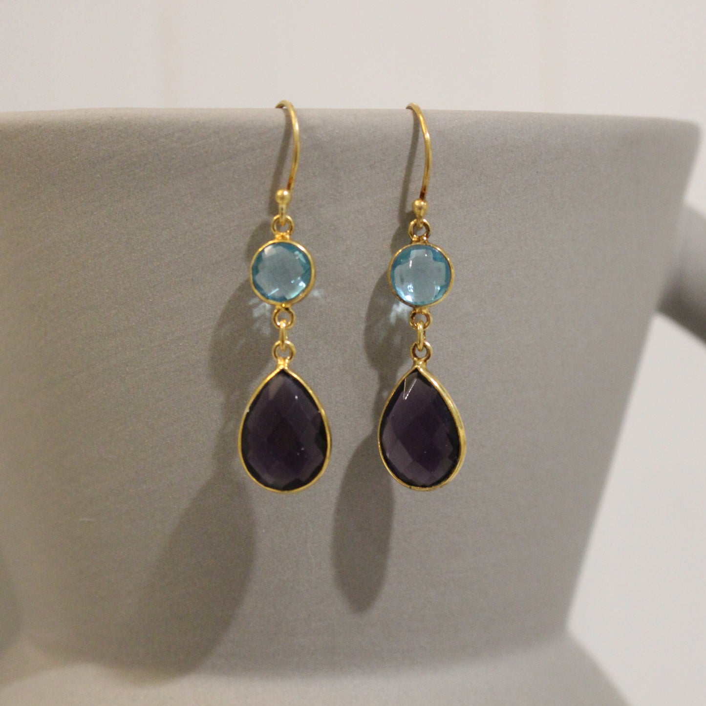 Gold filled amethyst and blue topaz drop earrings