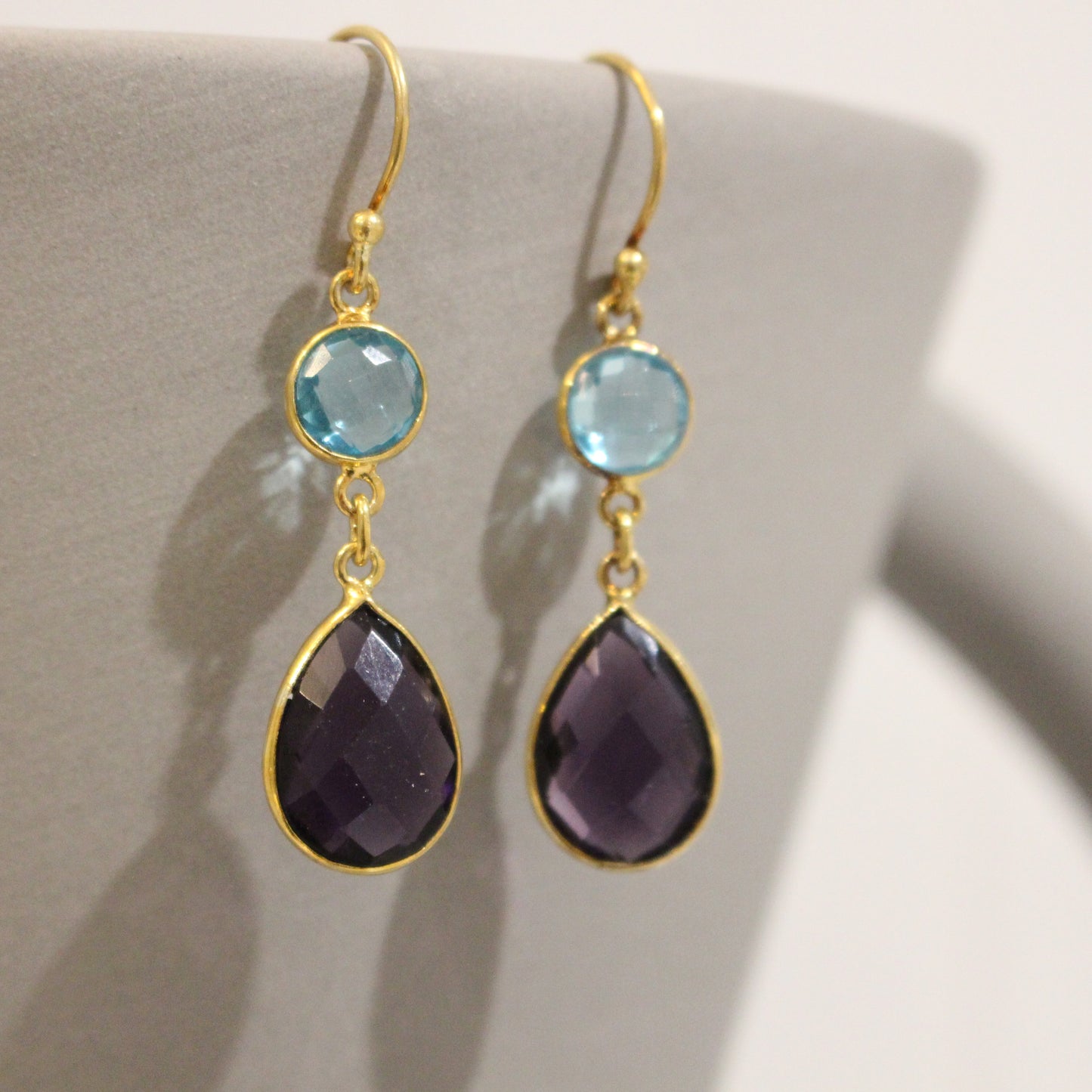 Gold filled amethyst and blue topaz drop earrings