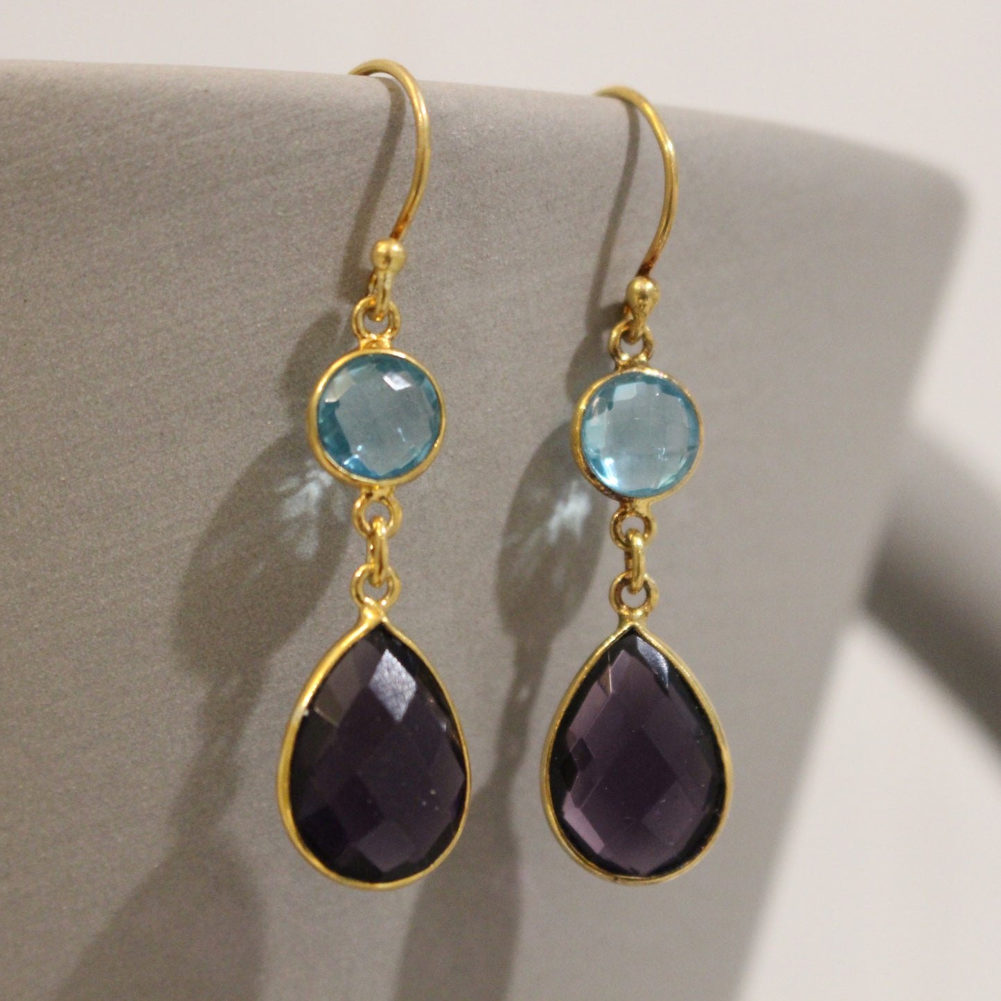 Gold filled amethyst and blue topaz drop earrings