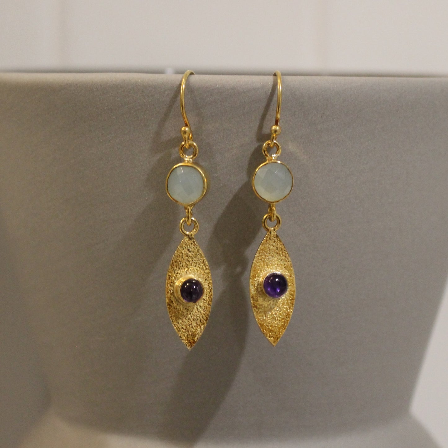 Gold filled Aqua chalcedony amethyst drop earrings