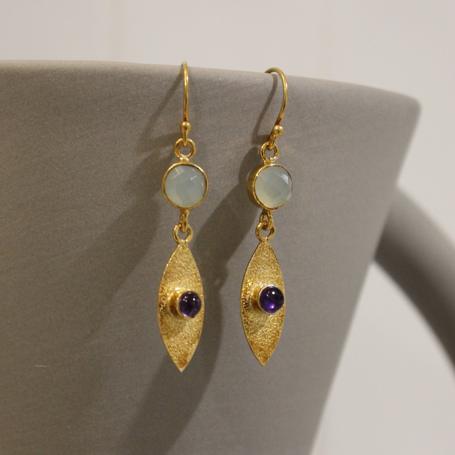 Gold filled Aqua chalcedony amethyst drop earrings