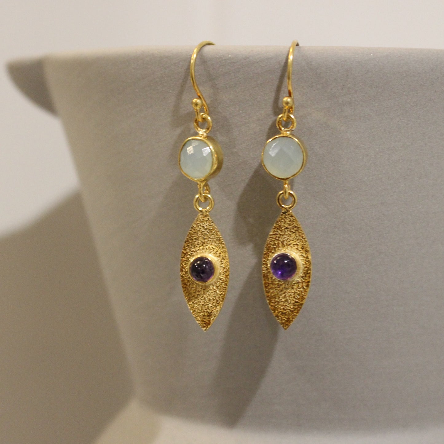 Gold filled Aqua chalcedony amethyst drop earrings