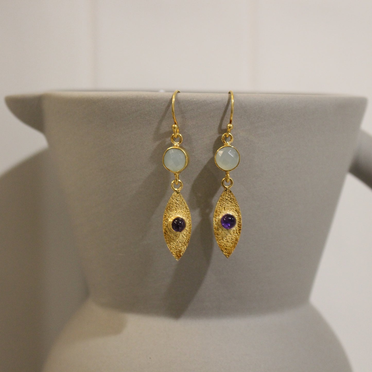 Gold filled Aqua chalcedony amethyst drop earrings