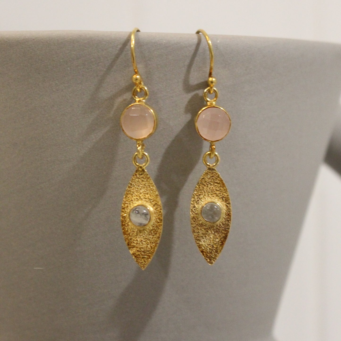 Gold filled pink chalcedony and moonstone drop earrings