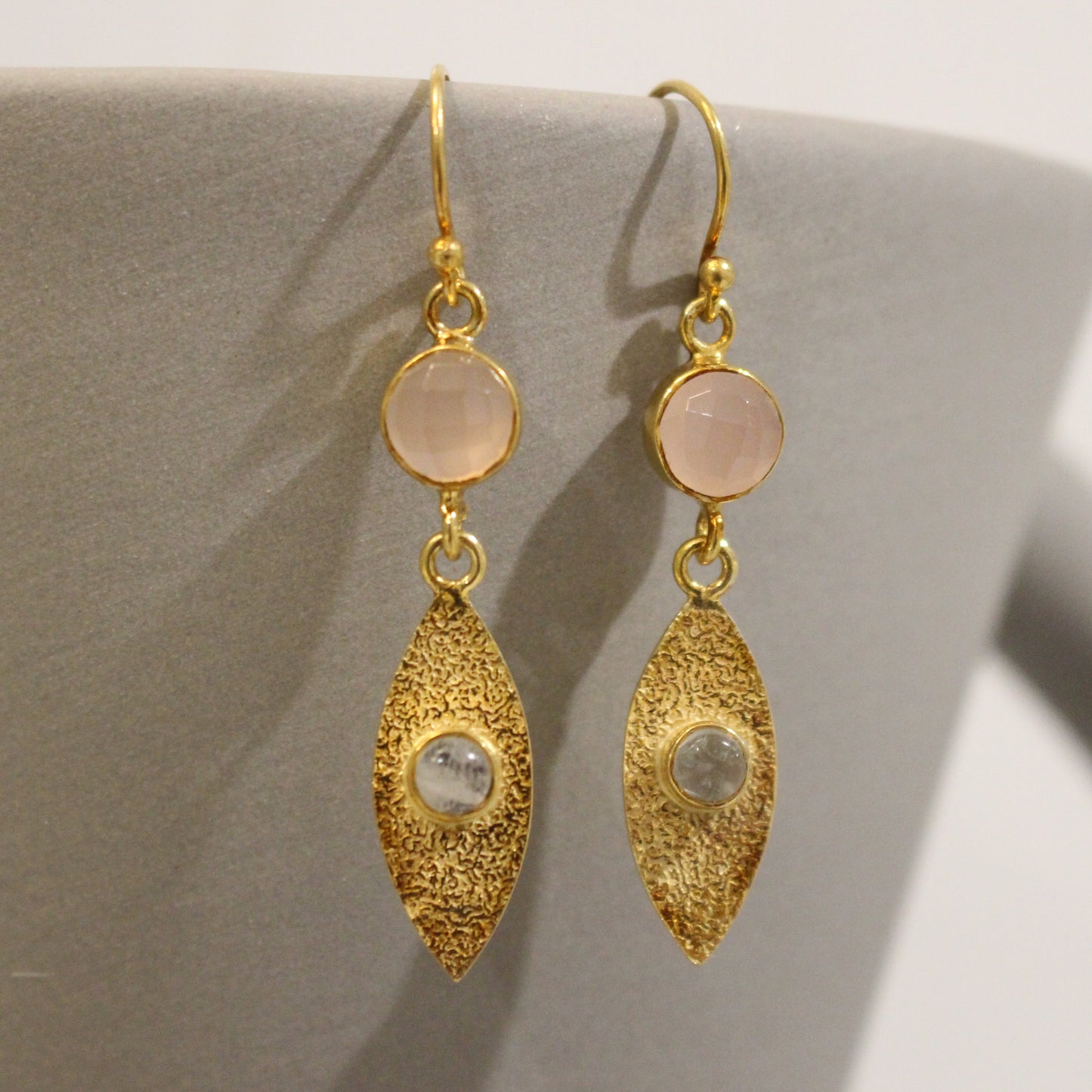 Gold filled pink chalcedony and moonstone drop earrings