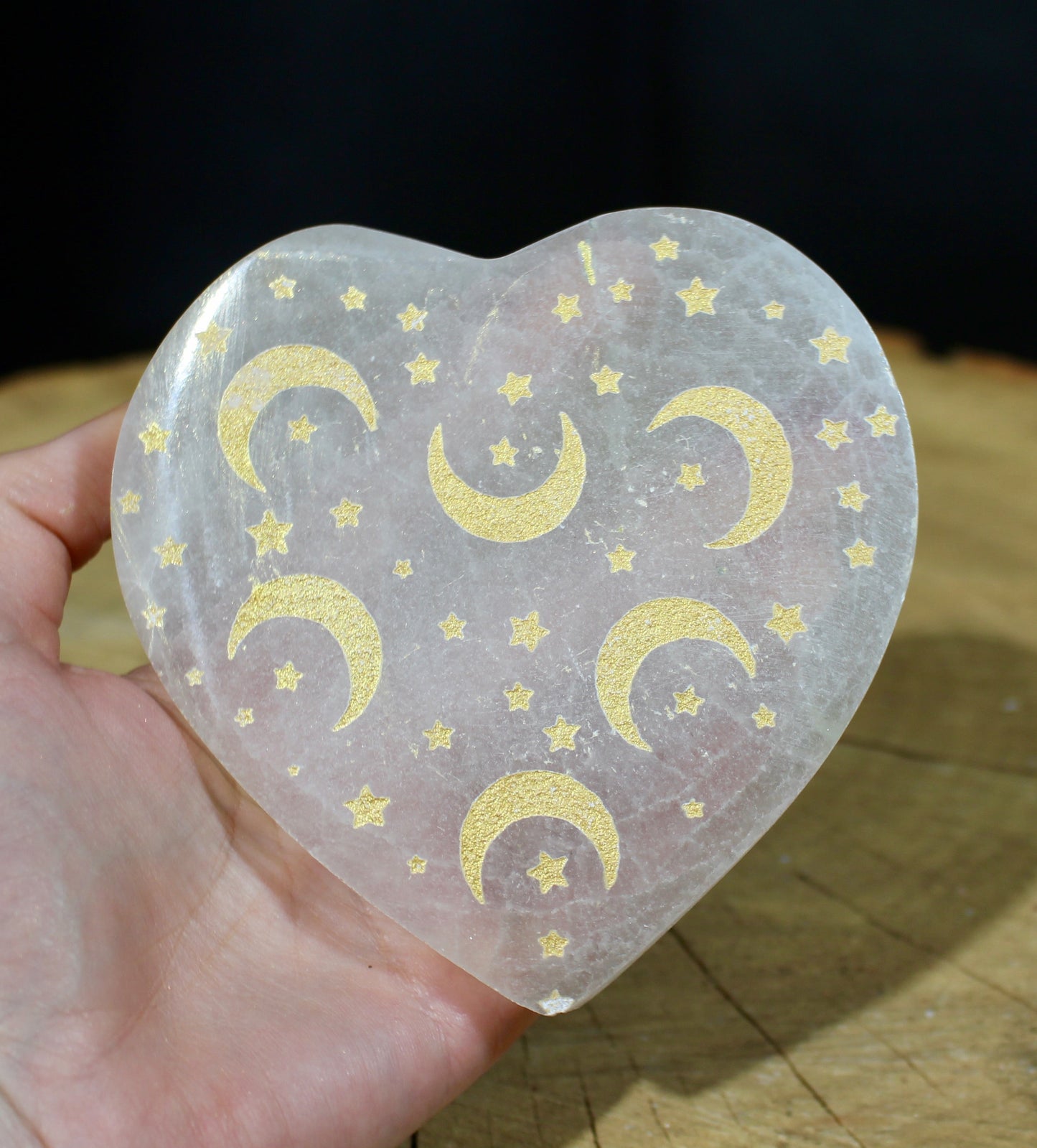 heart with moon detail selenite plate