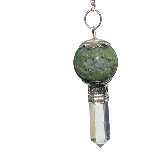 Moss Agate pendulum with quartz point