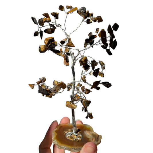 Tiger eye chip tree on agate base