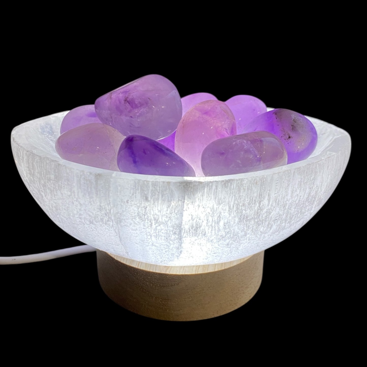 Selenite oval bowl lamp with  amethyst
