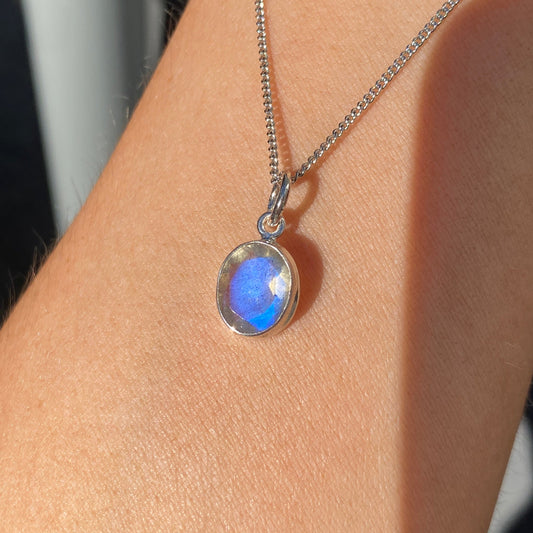 Blue fire Labradorite pendant 8x10mm faceted sterling silver