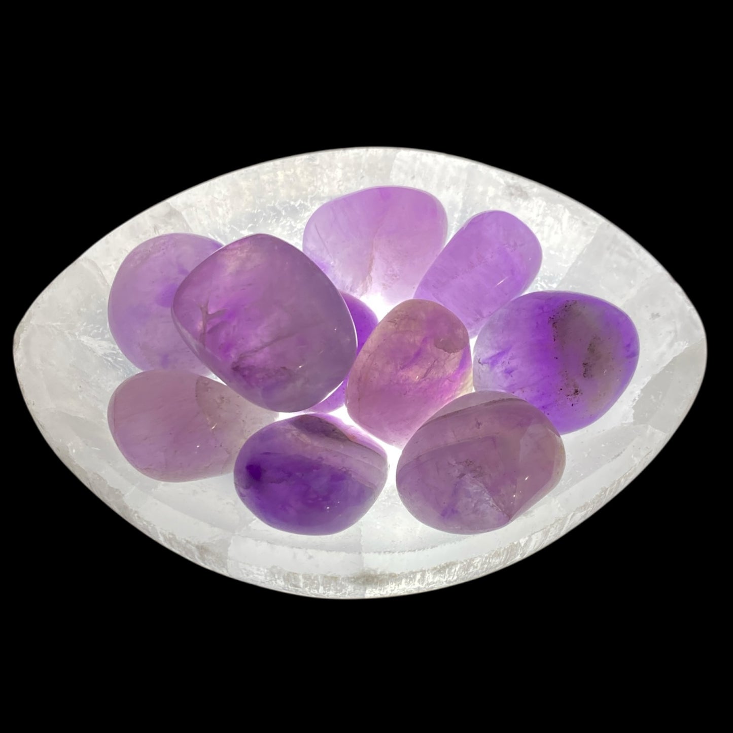 Selenite oval bowl lamp with  amethyst
