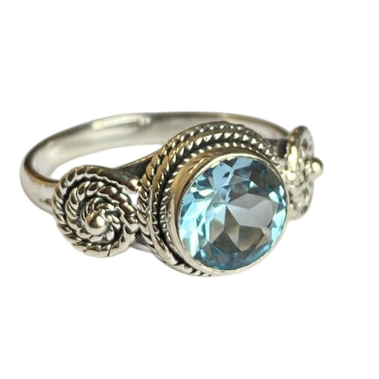 Sterling silver 8mm rings with  swirl design blue topaz