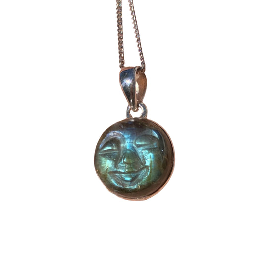 Carved goddess face blur fire labradorite 15mm round Sterling silver
