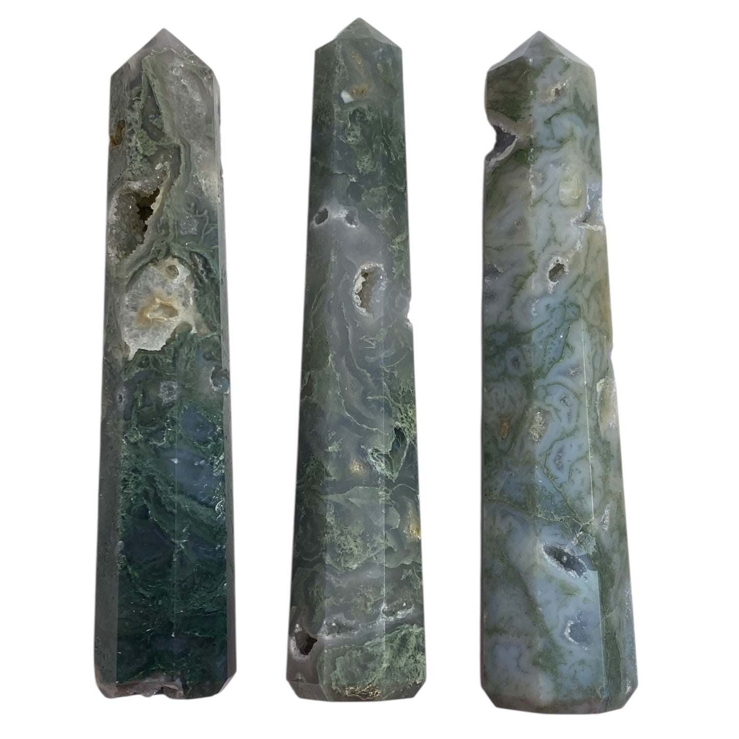Moss agate towers x 3