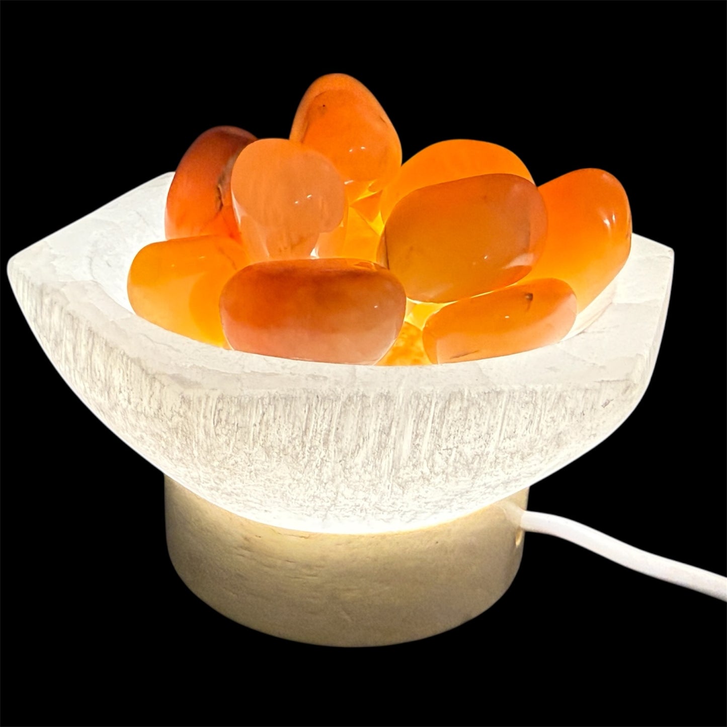 Tumbled Apricot Agate lamp in hexagon selenite bowl white light