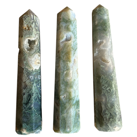Moss agate towers x 3