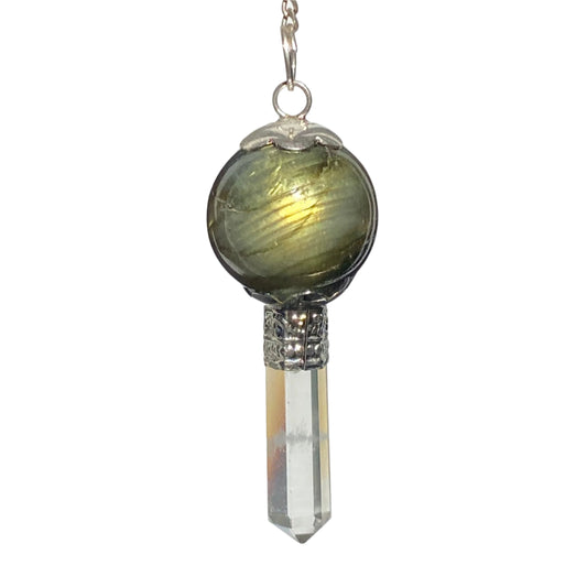 Labradorite pendulum with quartz point