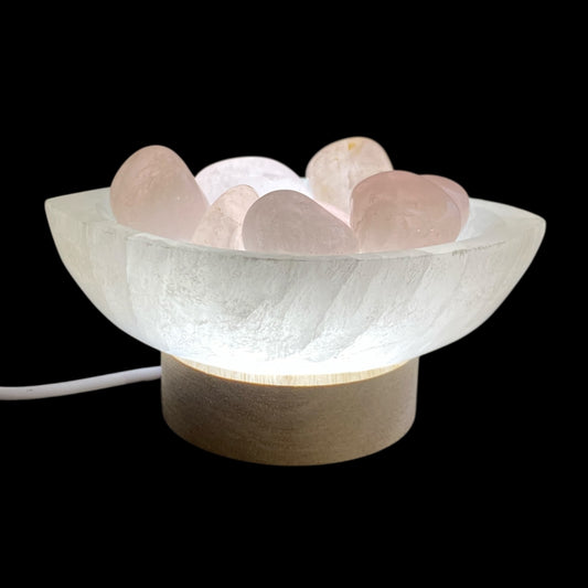 Selenite oval bowl lamp with tumbled rose quartz