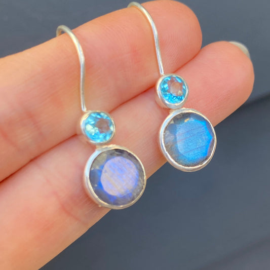 Labradorite and blue topaz earrings silver