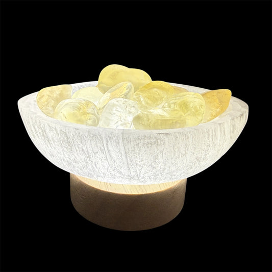 Selenite oval bowl lamp with tumbled tumbled citrine