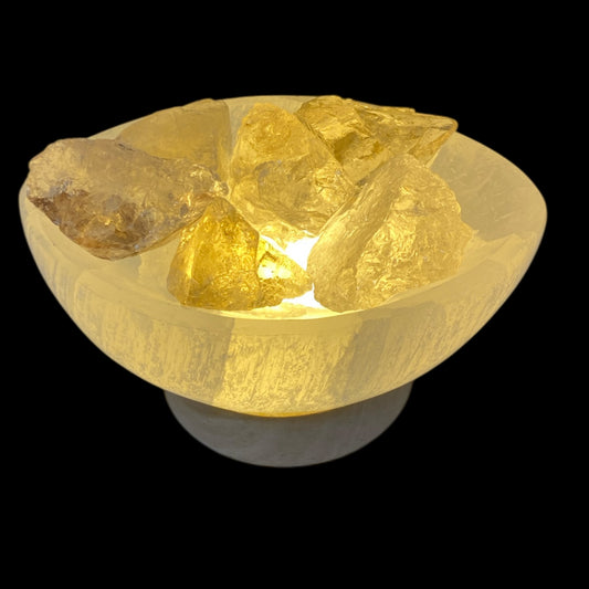 Selenite oval bowl lamp with rough smoky quartz