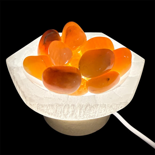 Tumbled Apricot Agate lamp in hexagon selenite bowl white light